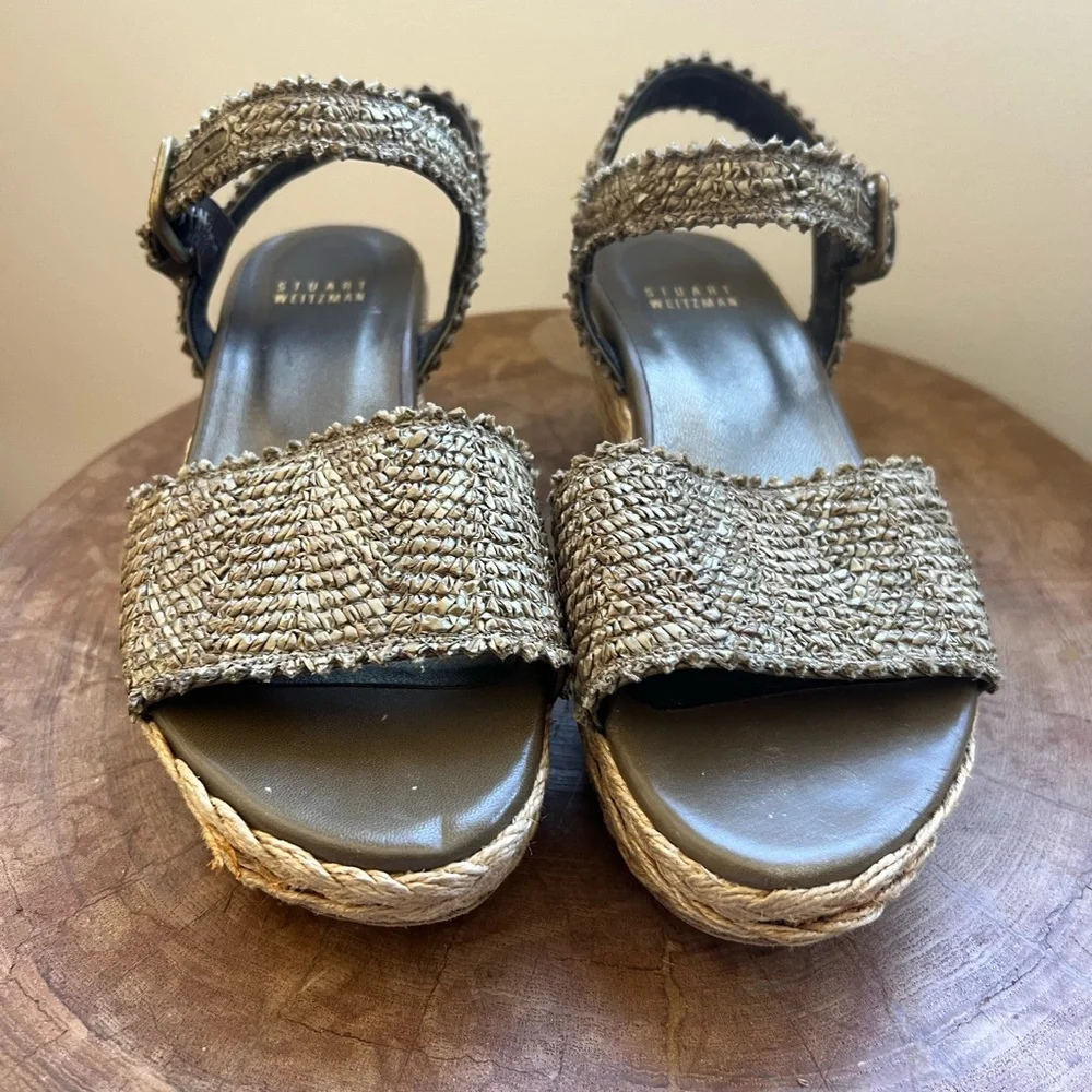 Stuart Weitzman Tan Olive Green Espadrille Wedges